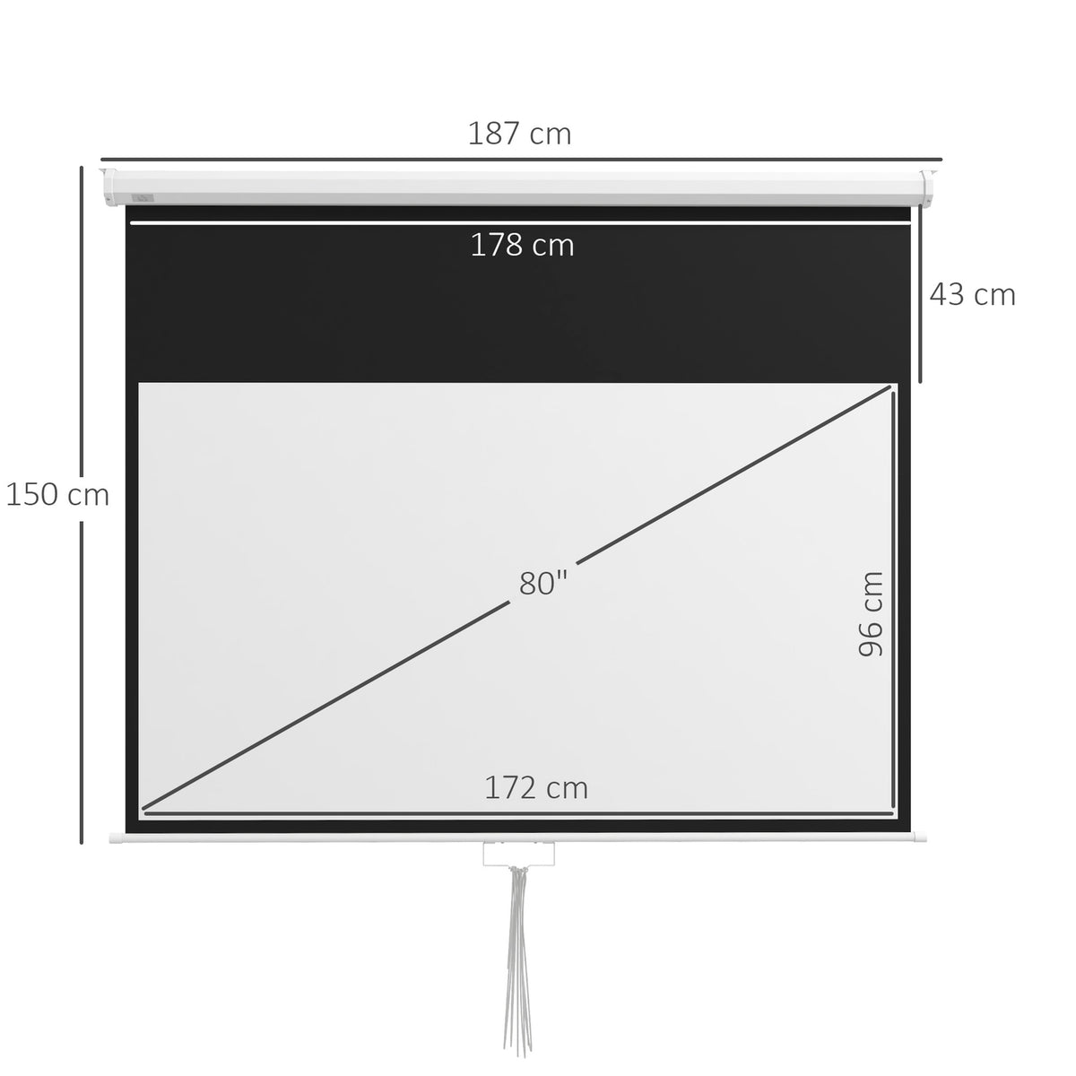 Projector screen 172 x 96 cm manual projection screen, roll screen for 4K, HD, film screen for home cinema and presentation white