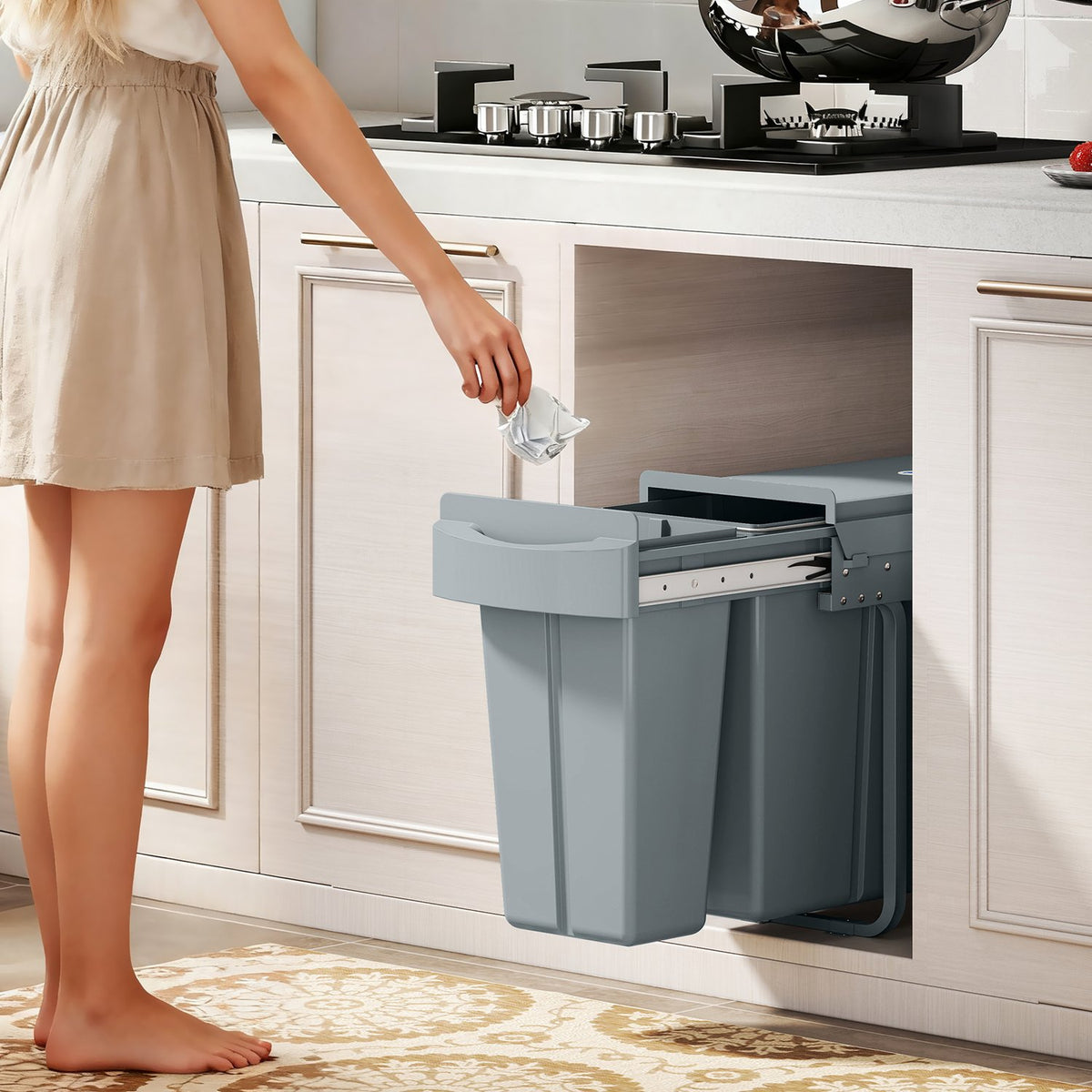 Pull-Out Kitchen Trash Bin, 2 Removable Buckets, 30L, Metal