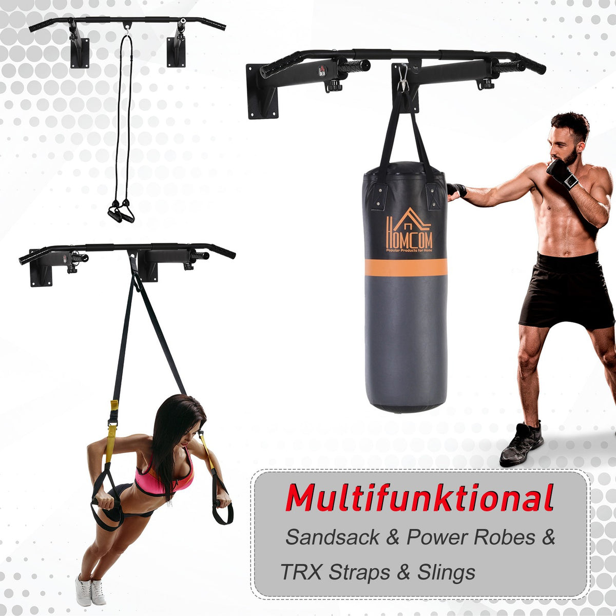 Pull-Up Bar Wall Mounting Pull Up Bar, Horizontal Bar With Eyelets For Punching Bag, Steel, Black, 93.5X65X17 Cm