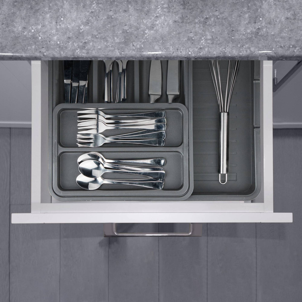 Pull-out cutlery tray in dark grey