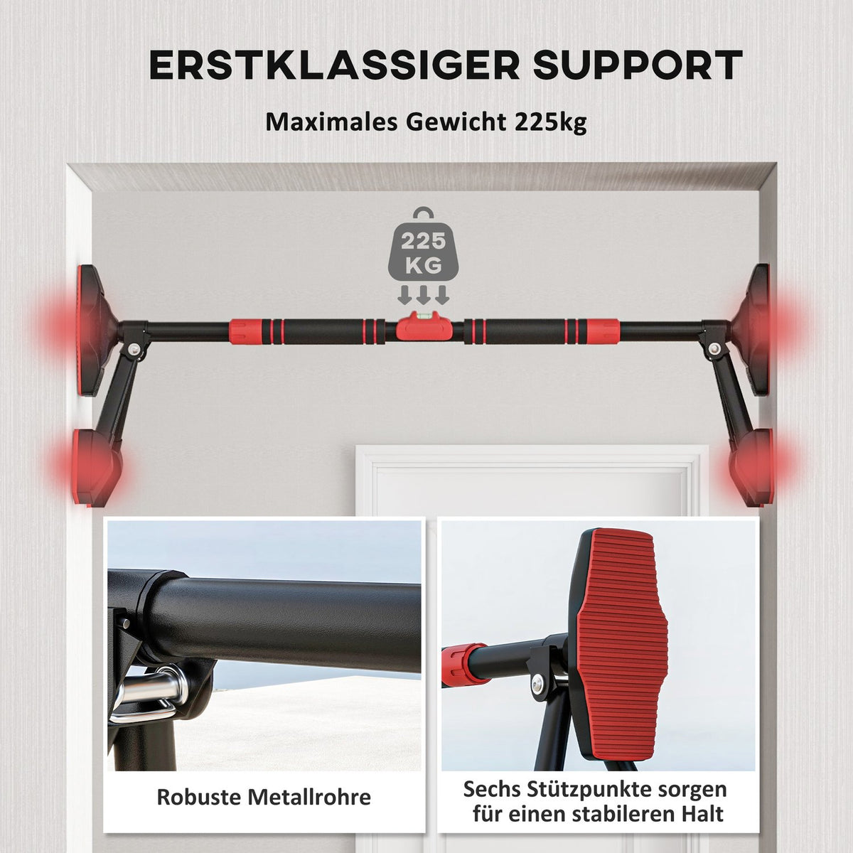 Pull-up bar, adjustable pull-ups with level meter, for door frames, with triangular support, maximum load 225kg, black