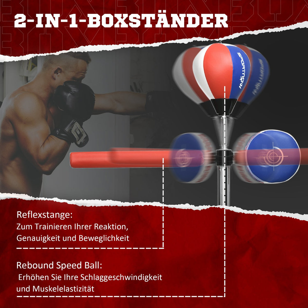 Punching Bag, Boxing Stand With Punching Ball, Reflex Bar, 1.63-2.05 M Height-Adjustable Standing Boxing Ball With Claw, Hdpe, Artificial Leather