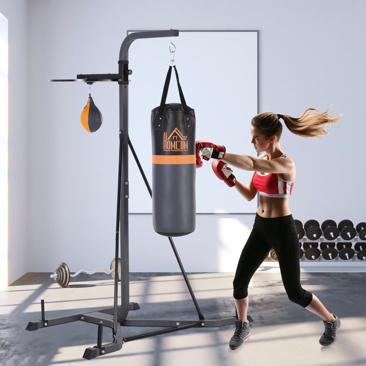 Punching Bag Stand 2-In-1 With 20 Kg Punching Bag & Punching Ball, Free-Standing Boxing Station, Height Adjustable, Up To 100 Kg, Steel