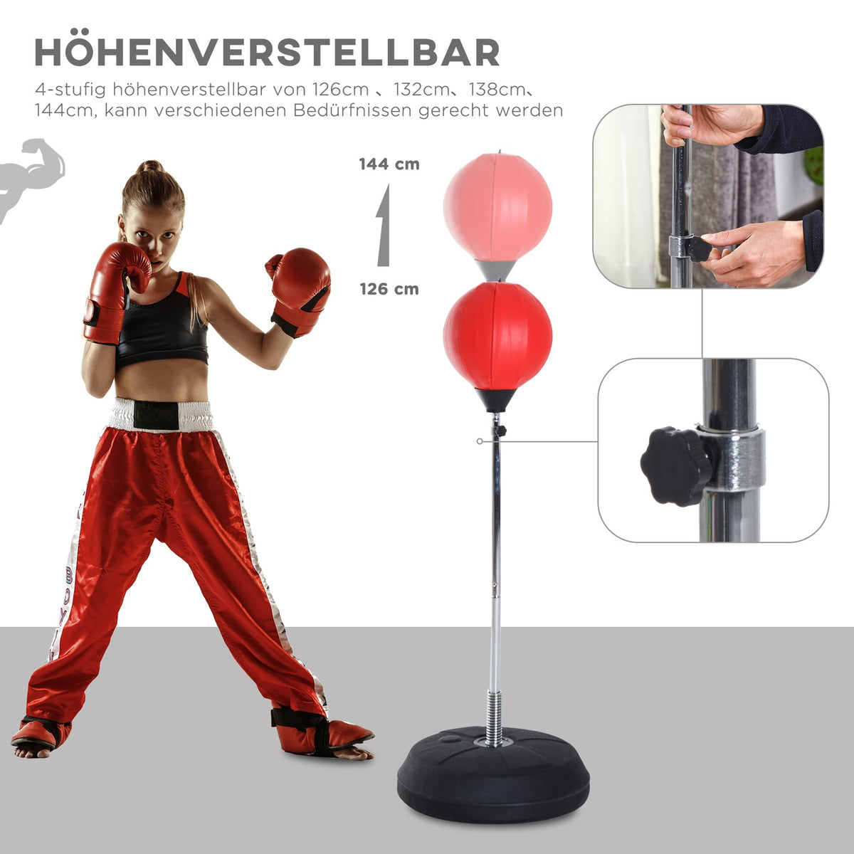 Punching bag, 1.26-1.44 m boxing stand with gloves, punching ball, height-adjustable standing boxing ball, standing boxing trainer for boxing, artificial leather