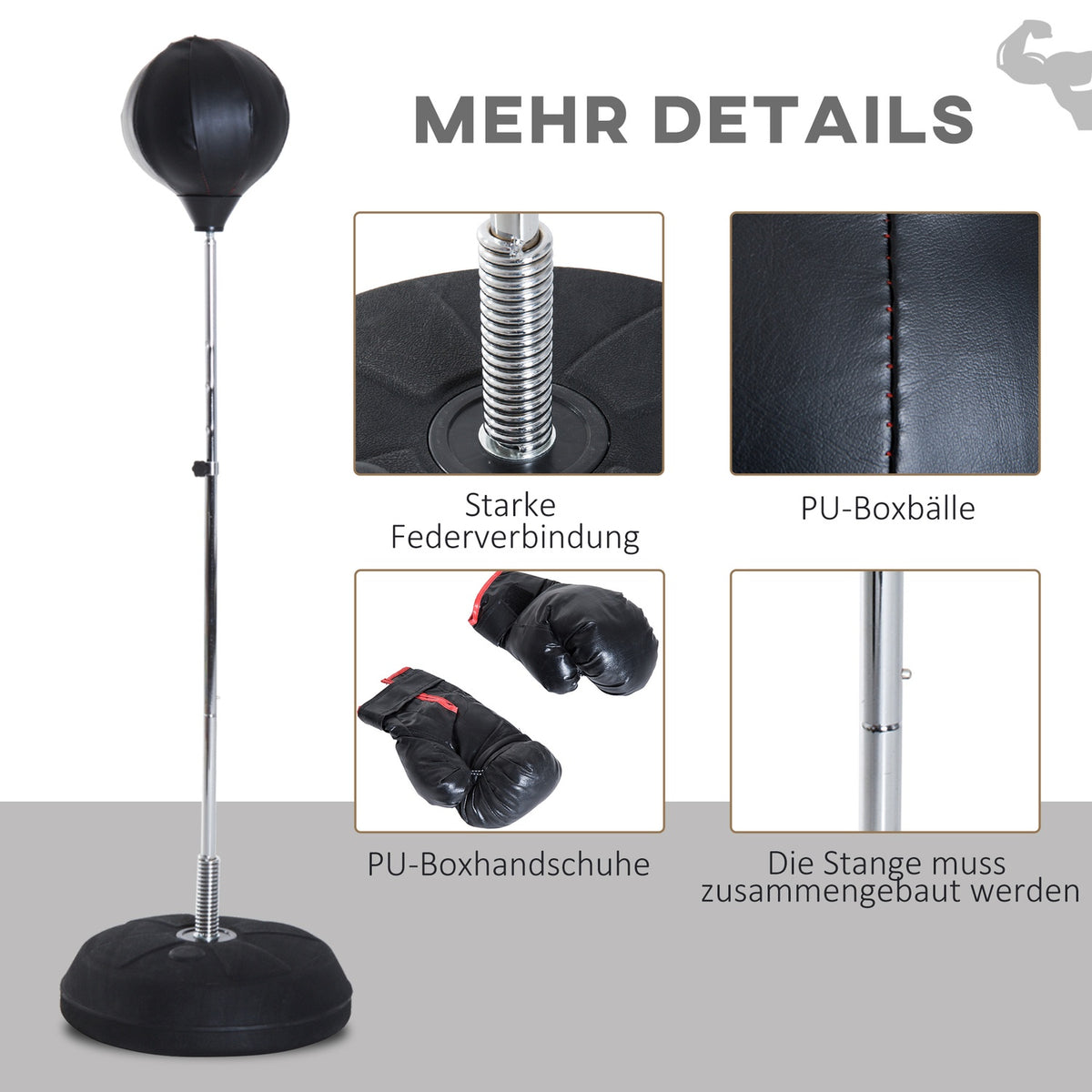 Punching bag, boxing stand with gloves, punching ball, 1.26-1.44 m height-adjustable standing boxing ball, standing boxing trainer for boxing