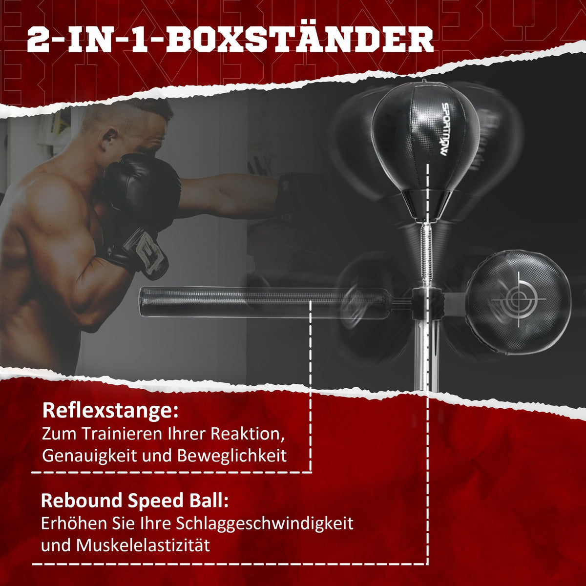 Punching bag, boxing stand with punching ball, reflex bar, 1.63-2.05 m height-adjustable standing boxing ball with claw, standing boxing trainer for boxing, HDPE, artificial leather