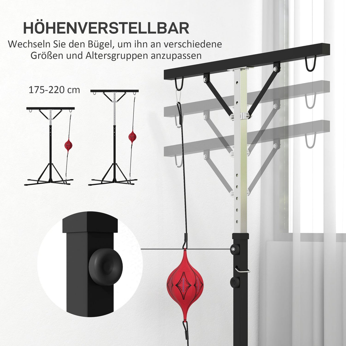 Punching bag stand, height adjustable, free-standing punching bag holder with speedball, load capacity up to 60 kg, steel, black