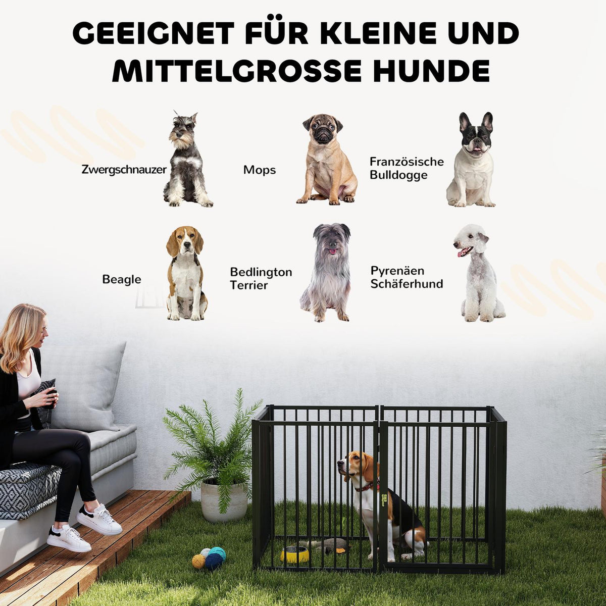 Puppy Run 76 cm High, 6-Piece Puppy Playpen with Door, Outdoor Run Dog Playpen for Small to Medium Dogs, Rabbits, Guinea Pigs, Steel, Black