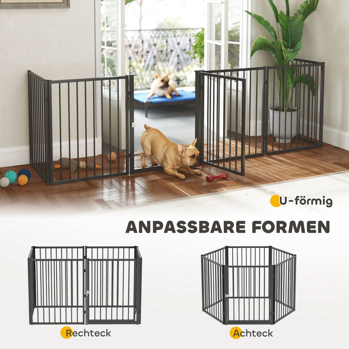 Puppy Run 76 cm High, 6-Piece Puppy Playpen with Door, Outdoor Run Dog Playpen for Small to Medium Dogs, Rabbits, Guinea Pigs, Steel, Black