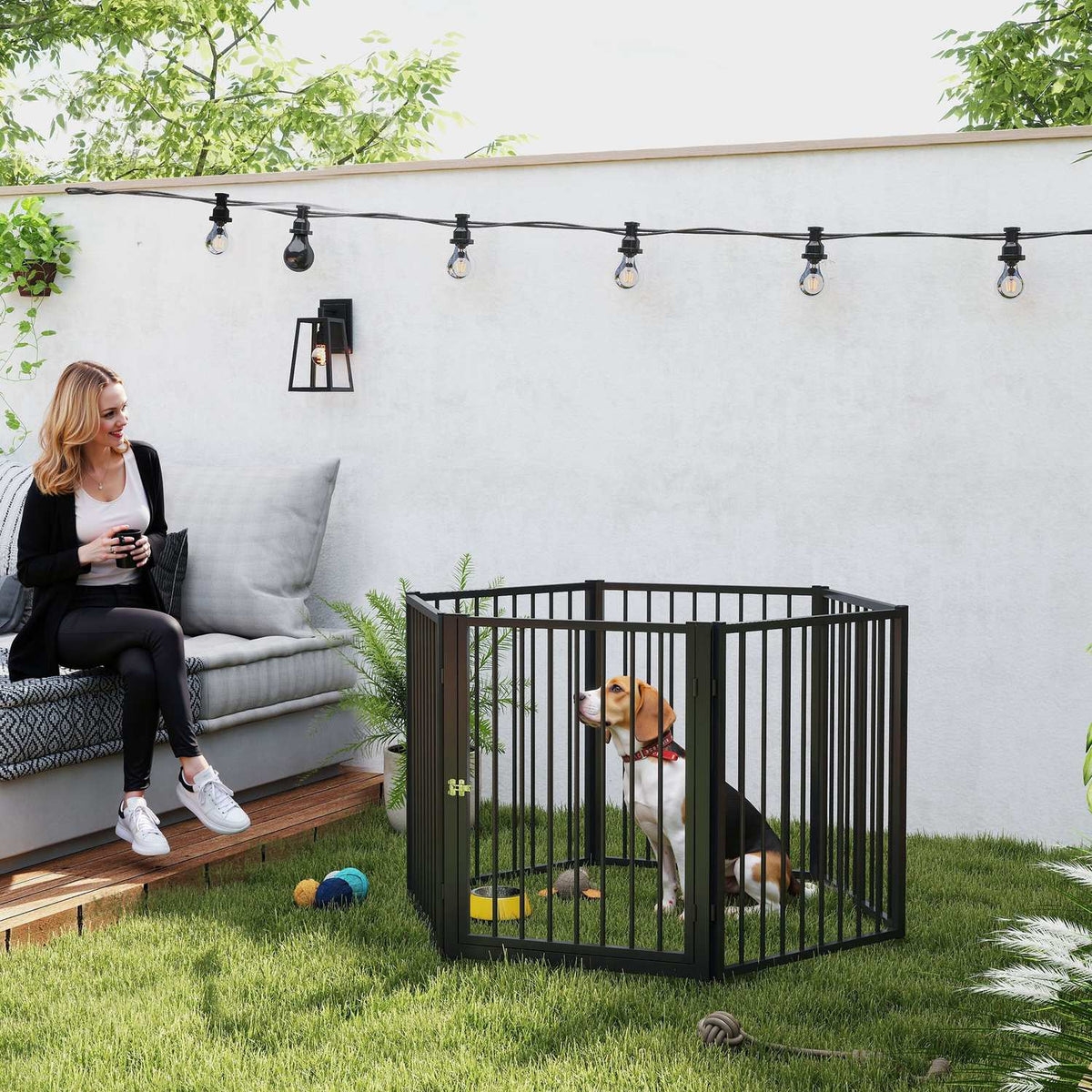 Puppy Run 76 cm High, 6-Piece Puppy Playpen with Door, Outdoor Run Dog Playpen for Small to Medium Dogs, Rabbits, Guinea Pigs, Steel, Black