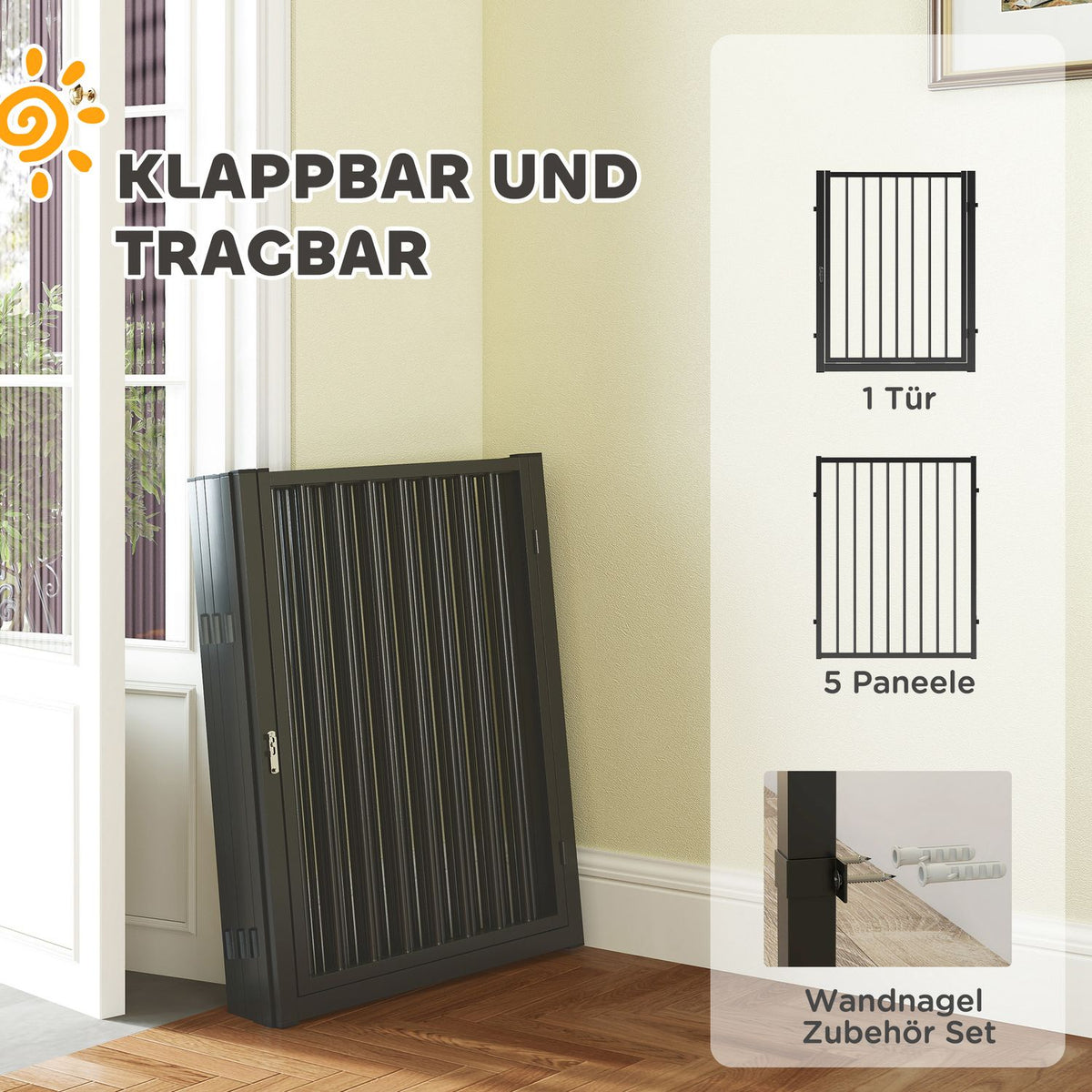 Puppy Run 76 cm High, 6-Piece Puppy Playpen with Door, Outdoor Run Dog Playpen for Small to Medium Dogs, Rabbits, Guinea Pigs, Steel, Black