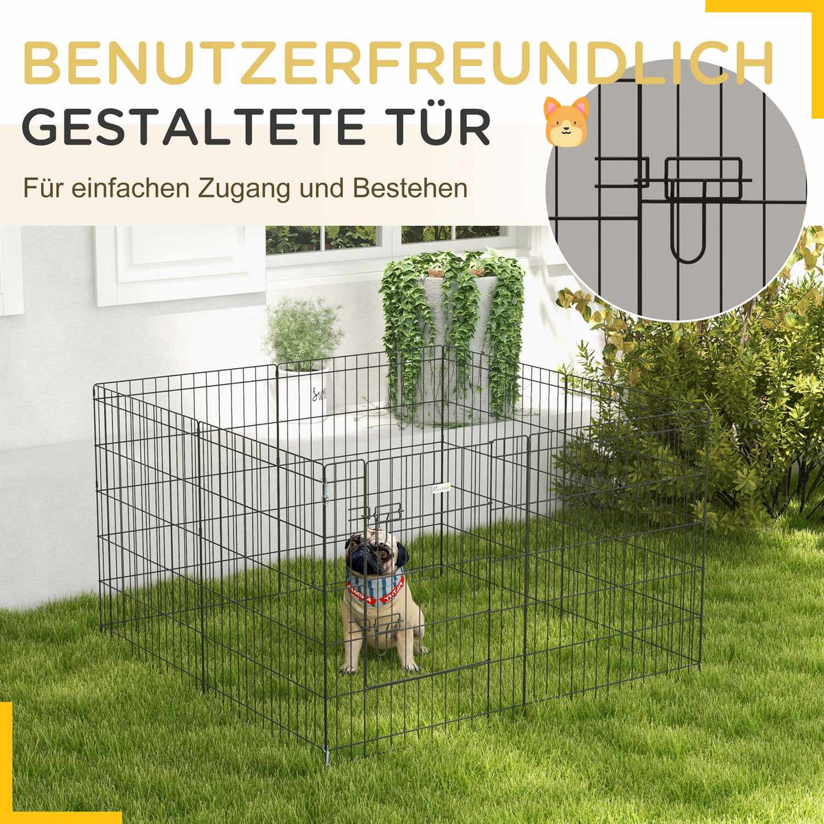 Puppy Run 76 cm High, 8-Piece Puppy Playpen with Lock, DIY Outdoor Run Dog Playpen for Medium Dogs, Guinea Pigs, Rabbits, Metal, Black
