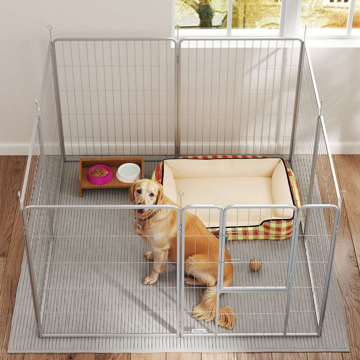 Puppy run 100 cm high, 8-piece dog playpen, puppy playpen with belt and door, outdoor enclosure for small to medium-sized dogs, guinea pigs, rabbits, steel, silver