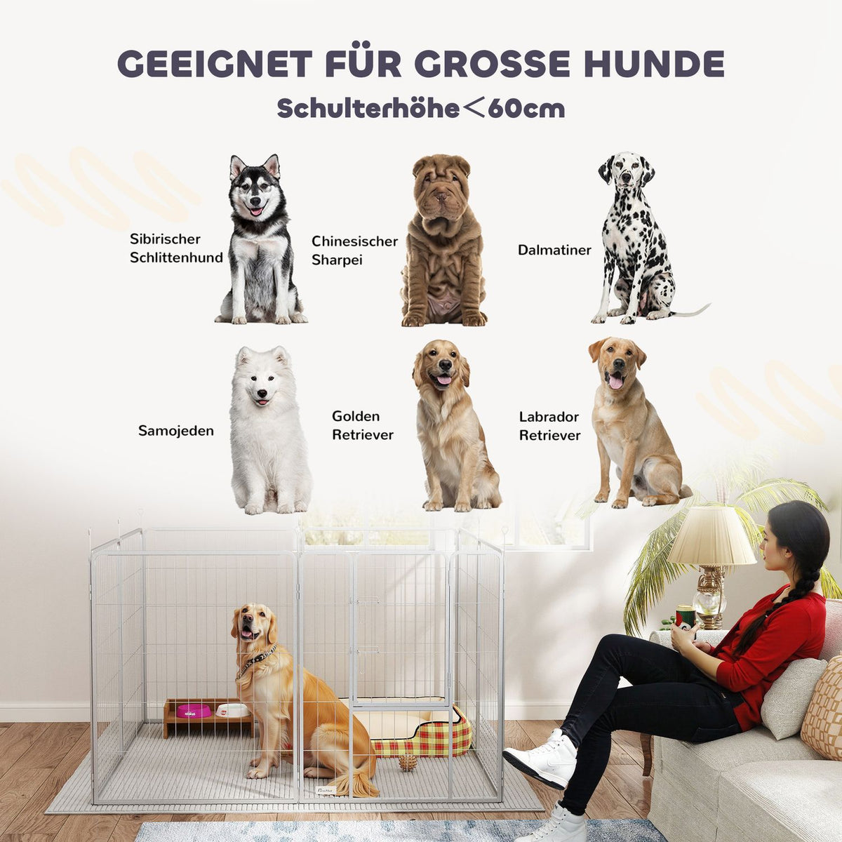 Puppy run 100 cm high, 8-piece dog playpen, puppy playpen with belt and door, outdoor enclosure for small to medium-sized dogs, guinea pigs, rabbits, steel, silver