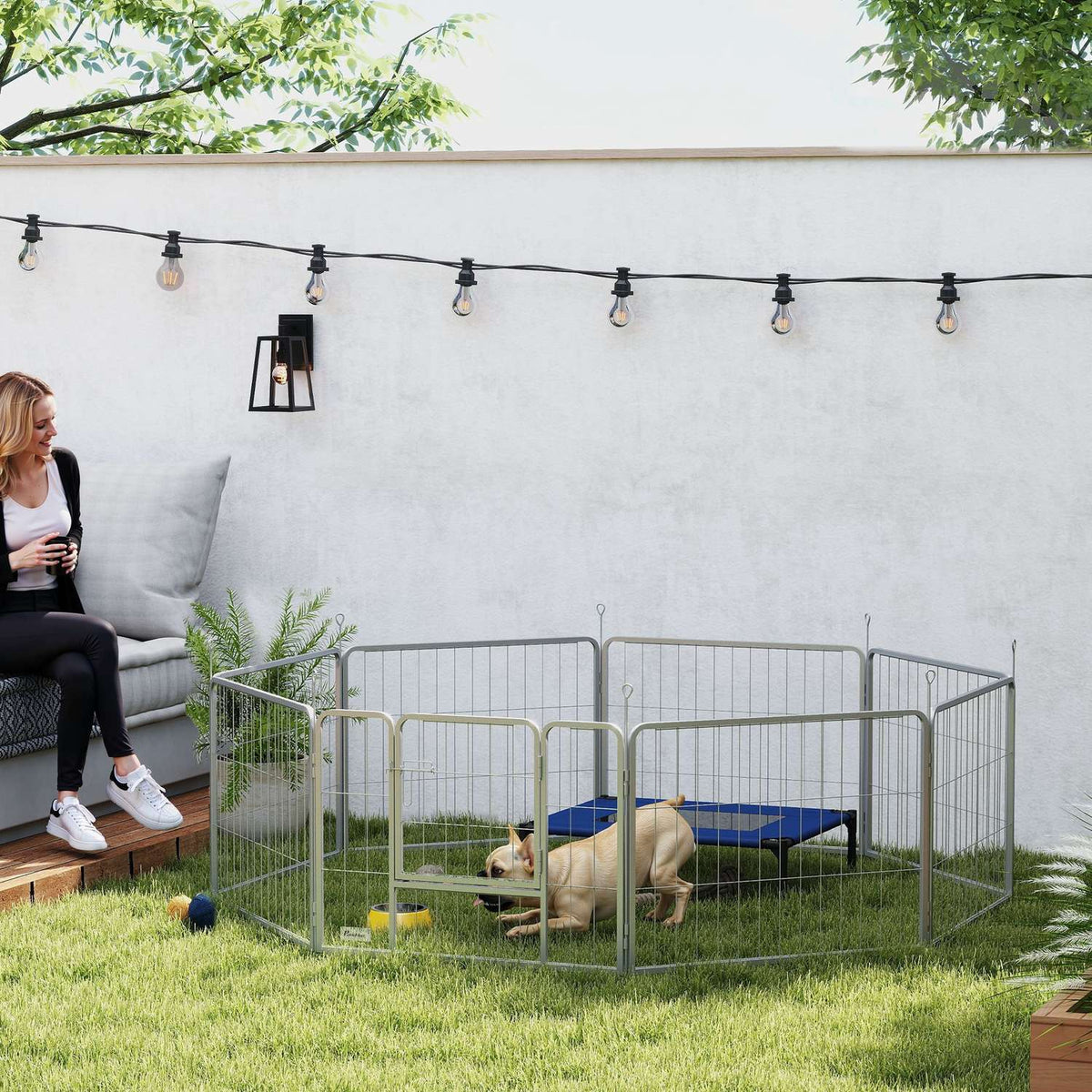 Puppy run 60 cm high, 8-piece dog playpen, puppy playpen with belt and door, outdoor enclosure for small to medium-sized dogs, guinea pigs, rabbits, steel, silver