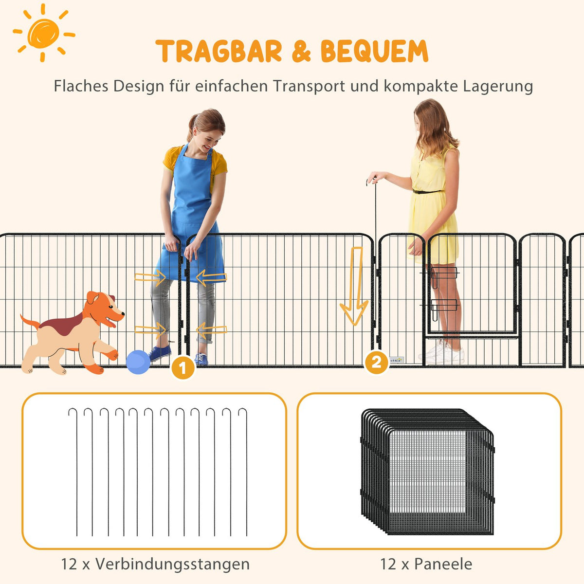 Puppy run 80 cm high, 12-piece puppy playpen with 2 doors, DIY dog playpen outdoor enclosure for medium-sized dogs, rabbits, guinea pigs, steel, gray