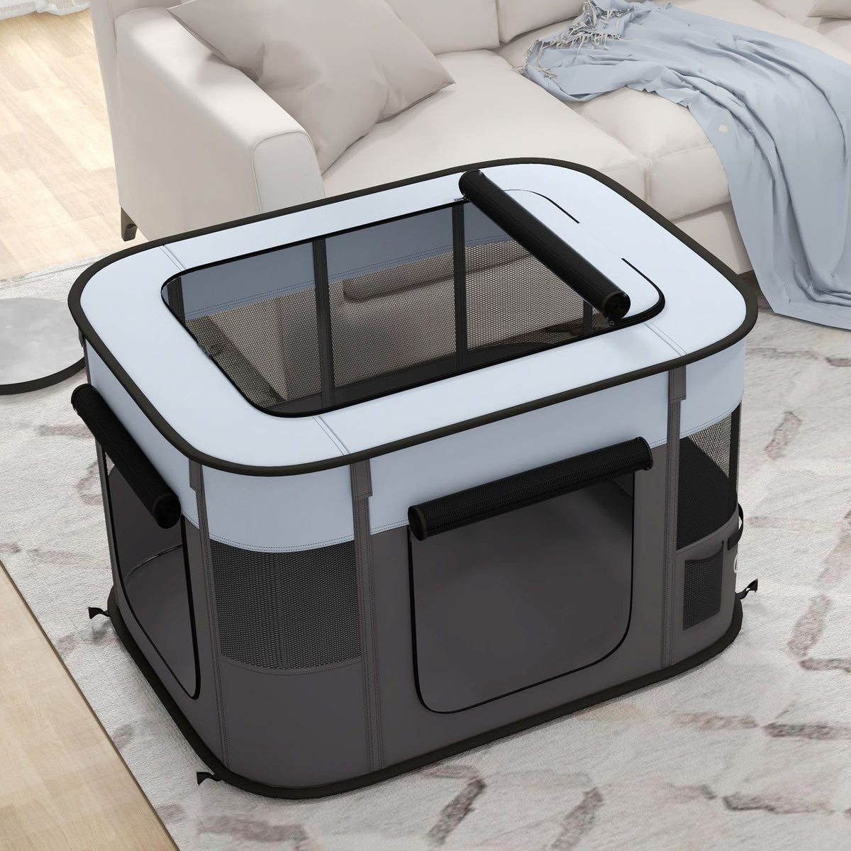 Puppy run, puppy playpen with doors, windows, foldable playpen, breathable net, for small dogs under 10 kg and small animals, indoor and outdoor, 94 x 74 x 60 cm, gray