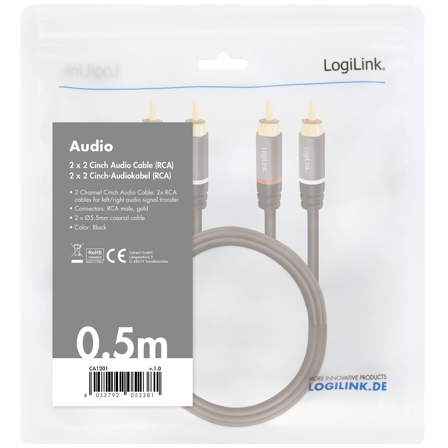 RCA Audio Cable, 2x RCA Male to 2x RCA Male, 0.5m, Gold-Plated