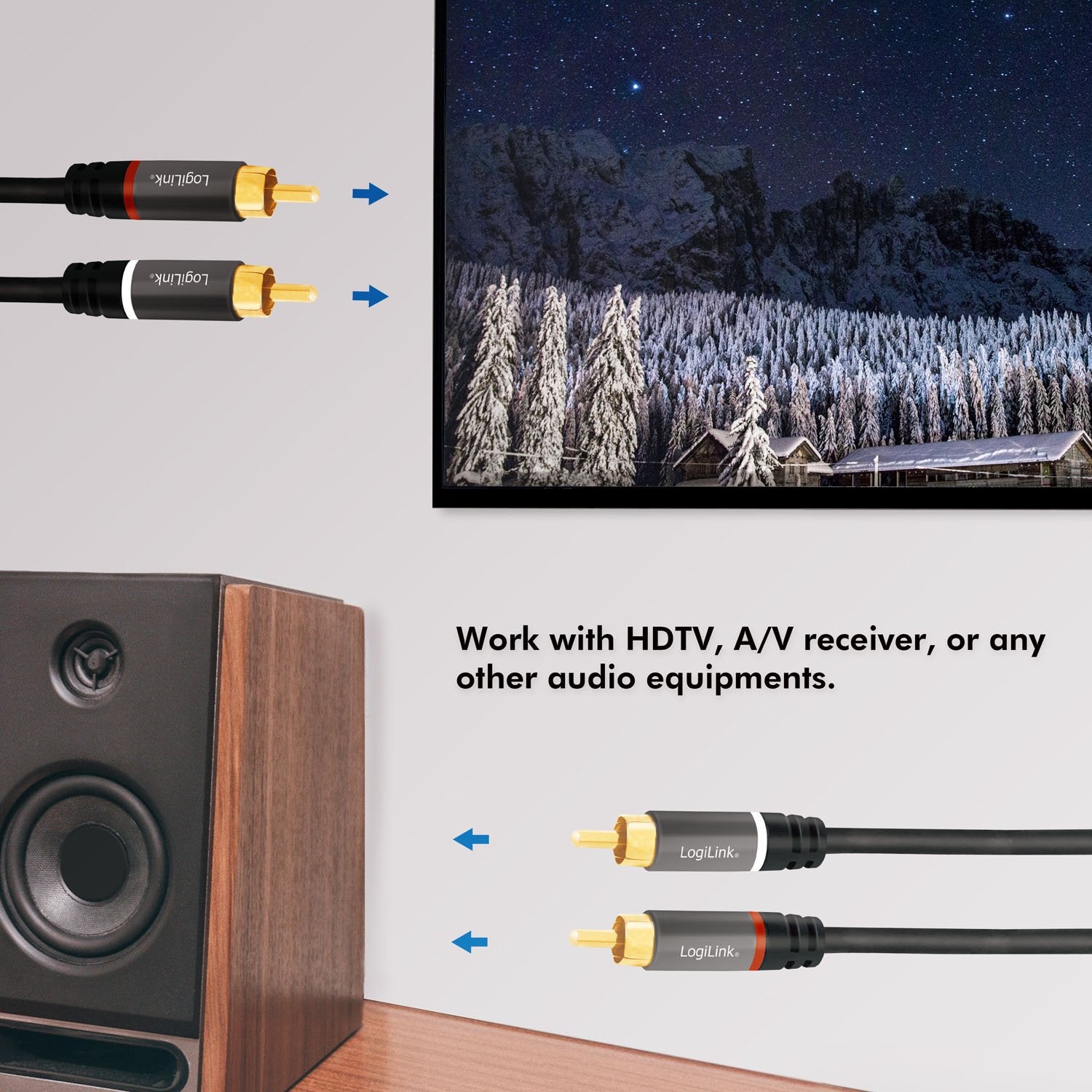 RCA Audio Cable, 2x RCA Male to 2x RCA Male, 1.5m, Gold-Plated
