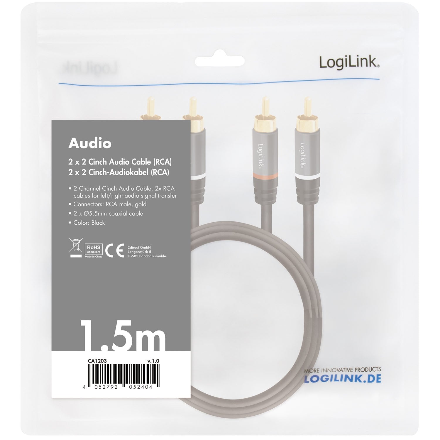 RCA Audio Cable, 2x RCA Male to 2x RCA Male, 1.5m, Gold-Plated