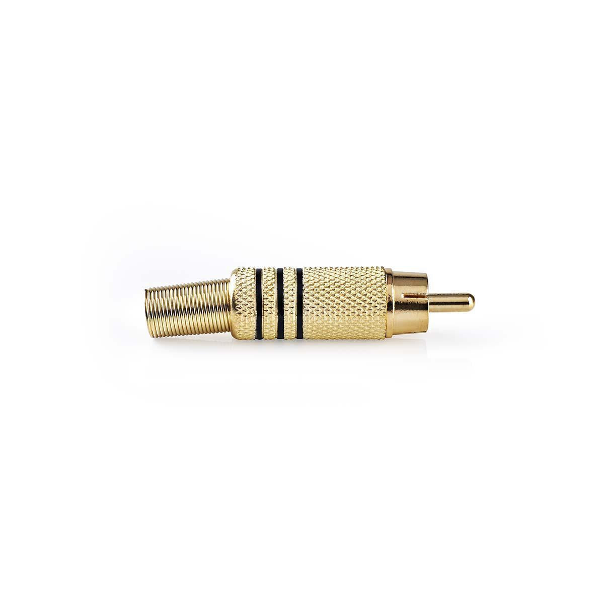 RCA Connector | Straight | Male | Gold Plated | Solder | Cable input diameter: 7.0 mm | Metal | Gold / Black | 10 pieces. | Plastic bag
