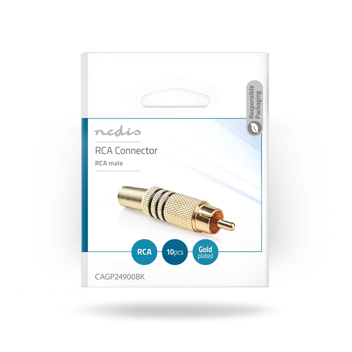 RCA Connector | Straight | Male | Gold Plated | Solder | Cable input diameter: 7.0 mm | Metal | Gold / Black | 10 pieces. | Plastic bag