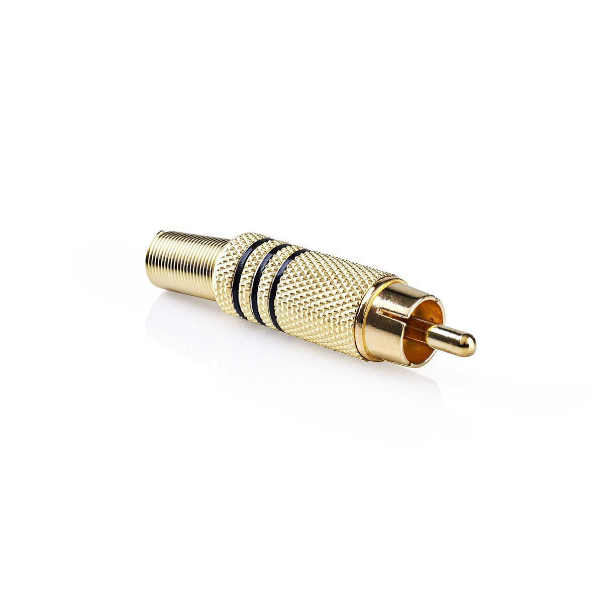 RCA Connector | Straight | Male | Gold Plated | Solder | Cable input diameter: 7.0 mm | Metal | Gold / Black | 10 pieces. | Plastic bag