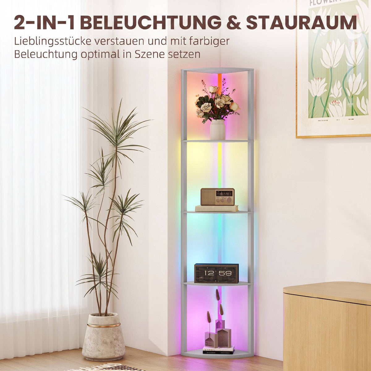 RGB LED Floor Lamp with Shelves, Dimmable, Remote Control