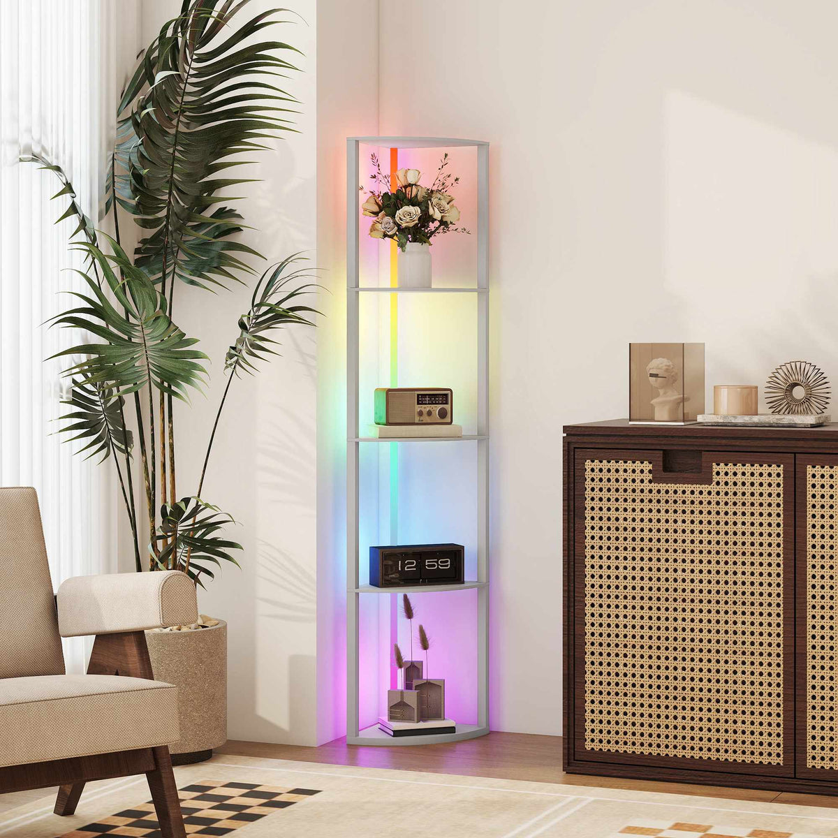 RGB LED Floor Lamp with Shelves, Dimmable, Remote Control
