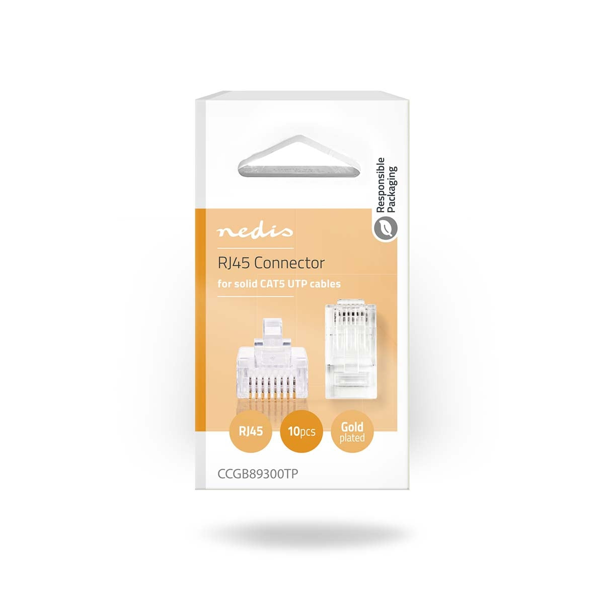 RJ45 connector | Male | Solid UTP CAT5 | Straight | Gold Plated | 10 pieces. | PVC | Transparent | Box