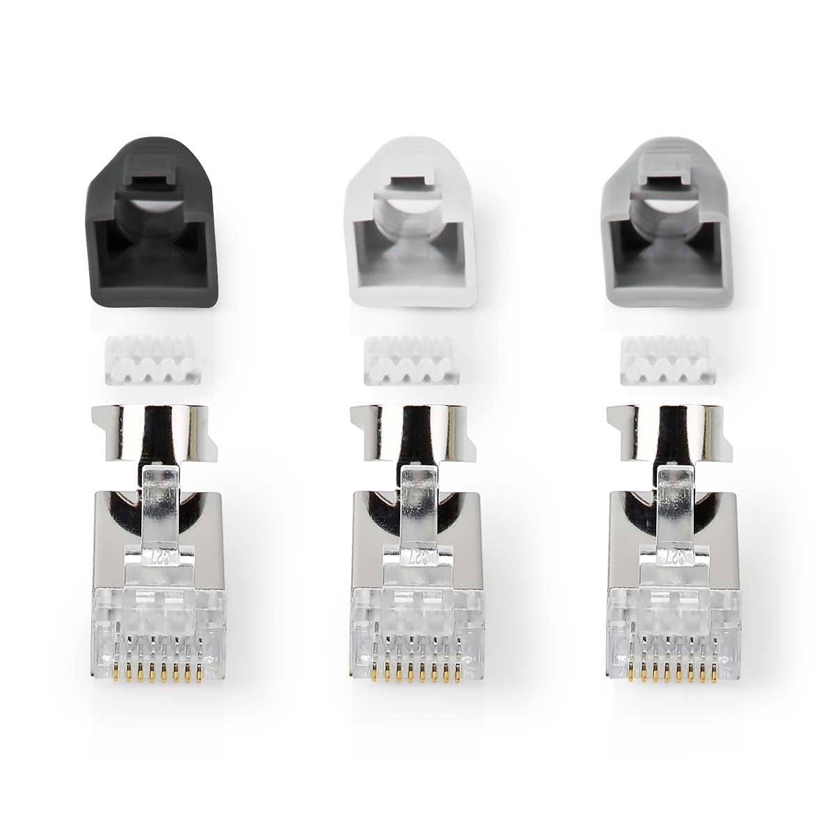 RJ45 connector | RJ45 Pass Through | Solid/Stranded FTP CAT7 | Straight | Gold Plated | 10 pieces. | PVC | Grey/Black/White | Box