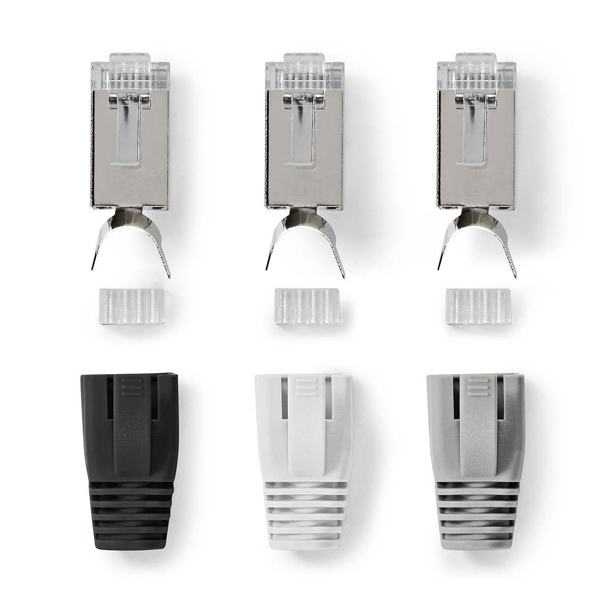 RJ45 connector | RJ45 Pass Through | Solid/Stranded FTP CAT7 | Straight | Gold Plated | 10 pieces. | PVC | Grey/Black/White | Box