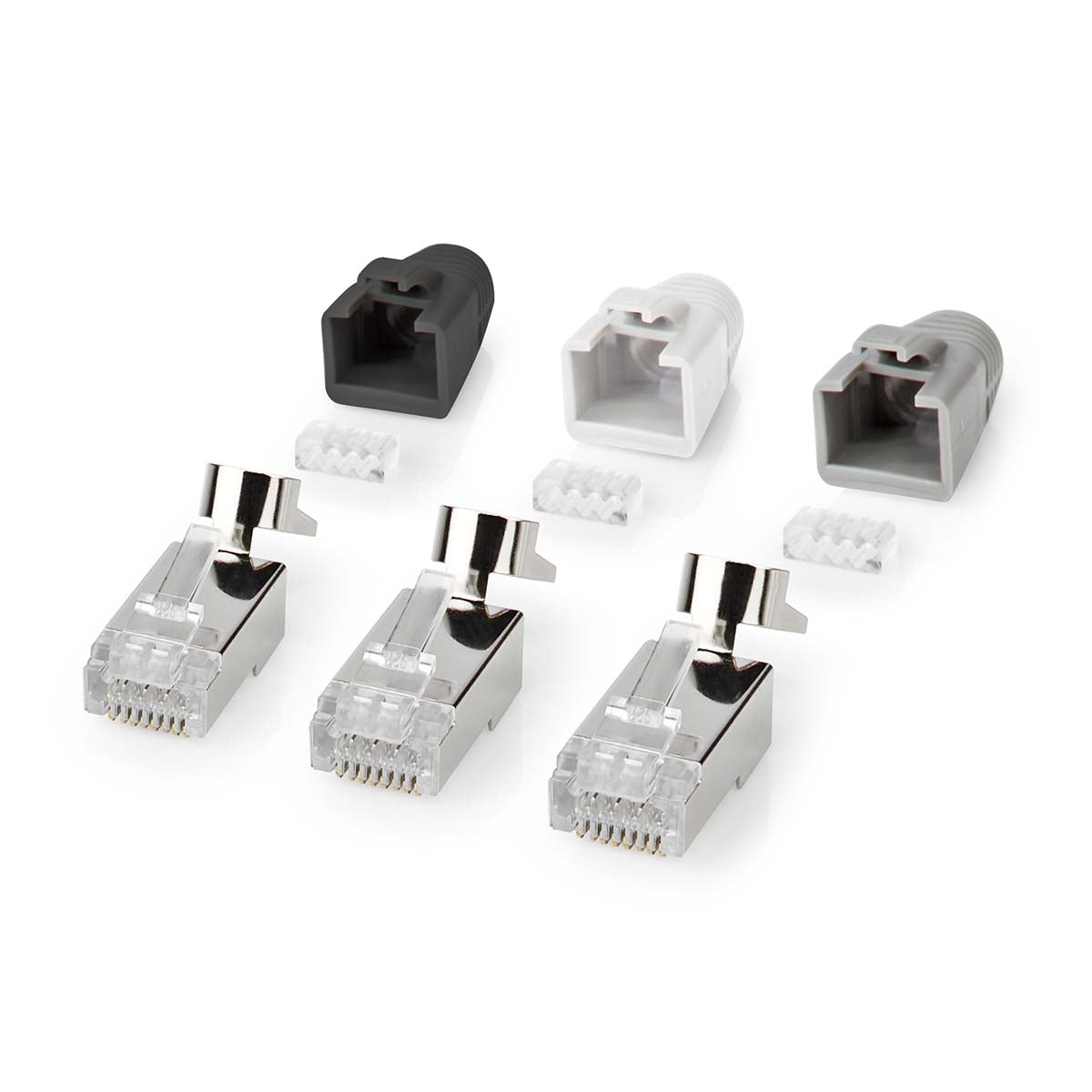 RJ45 connector | RJ45 Pass Through | Solid/Stranded FTP CAT7 | Straight | Gold Plated | 10 pieces. | PVC | Grey/Black/White | Box