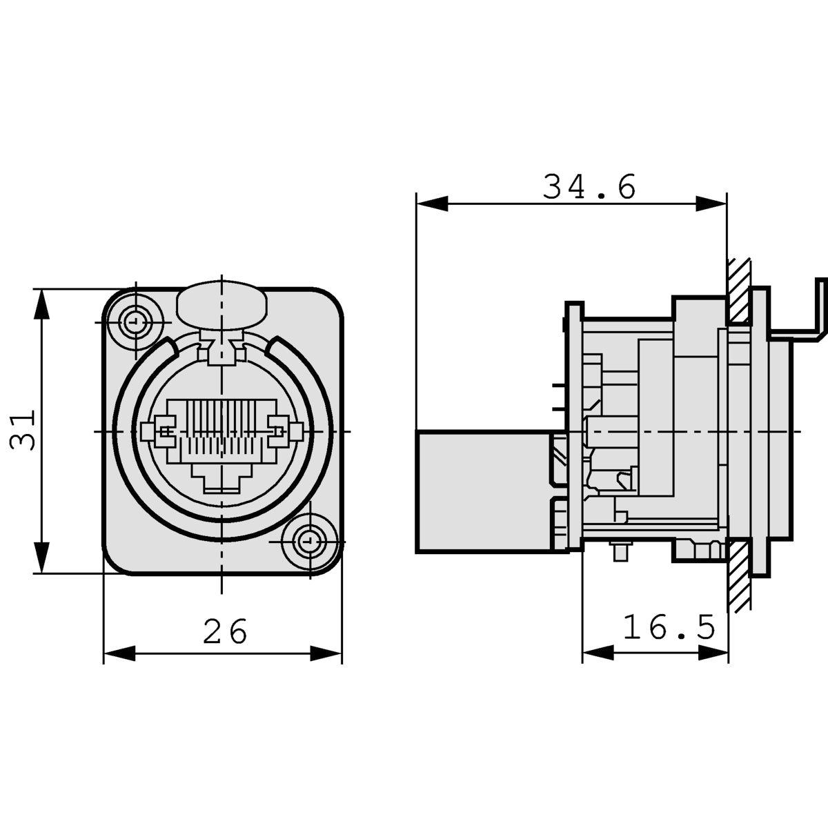 RJ45 feed-through socket, D-shaped metal flange with locking latch, mounting screws included