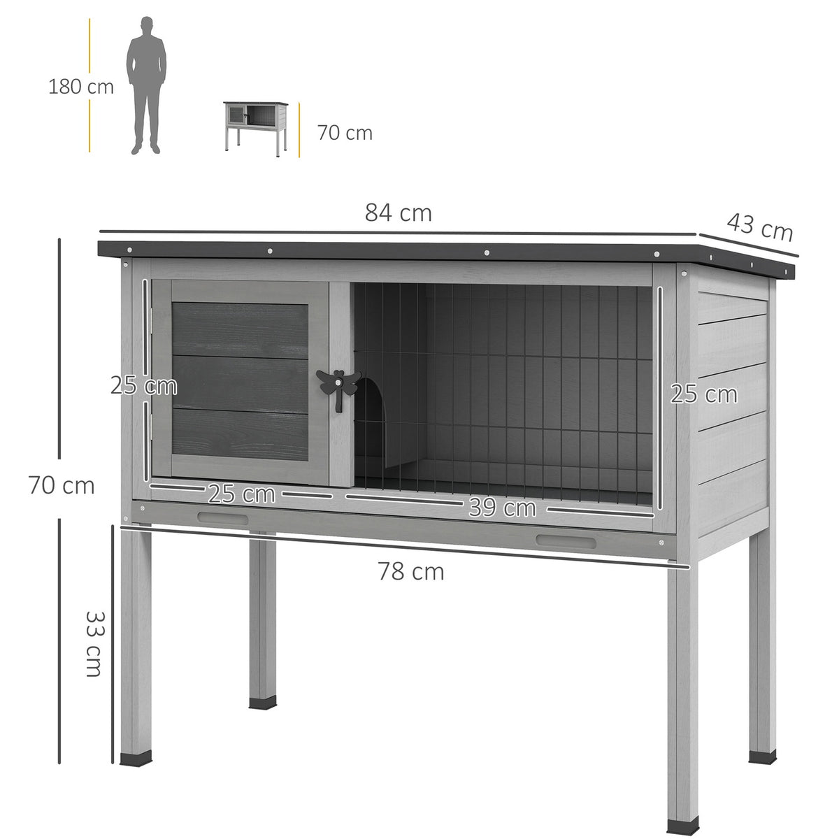 Rabbit Hutch Rabbit Hutch Made of Fir Wood Winterproof Rabbit Cage with Hinged Roof 84x43x70 cm Rabbit Cage Outdoor Small Animal Hutch for Hares Rabbits Guinea Pigs Gray