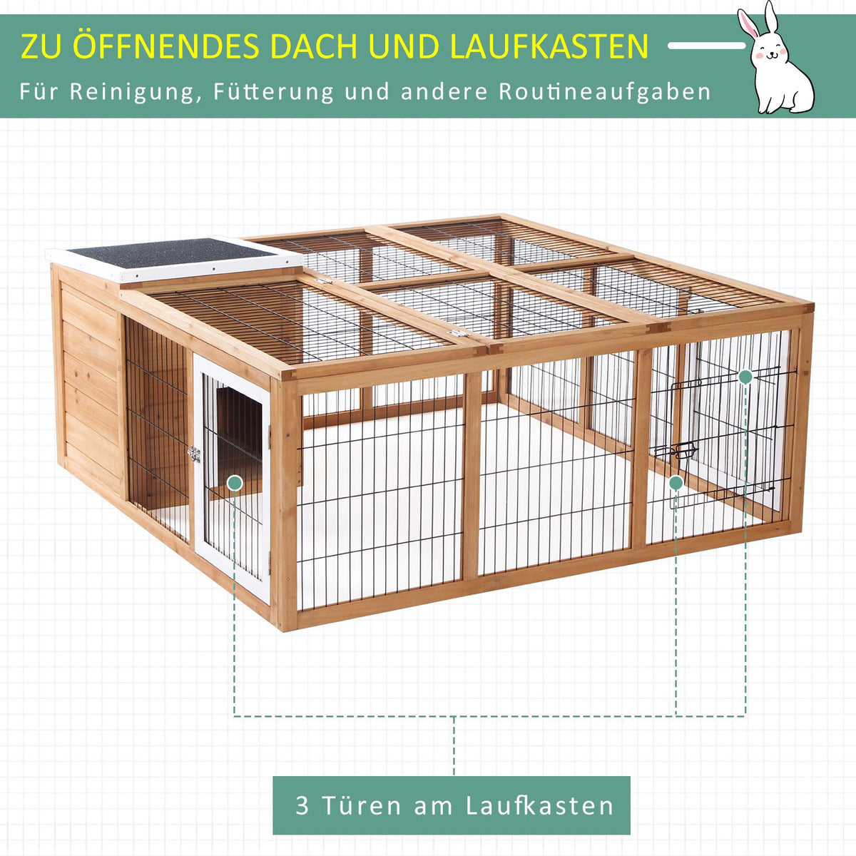Rabbit Hutch Small Animal Enclosure 123 X 120 X 52 Cm With Opening Roof With Outdoor Enclosure Made Of Natural Fir Wood