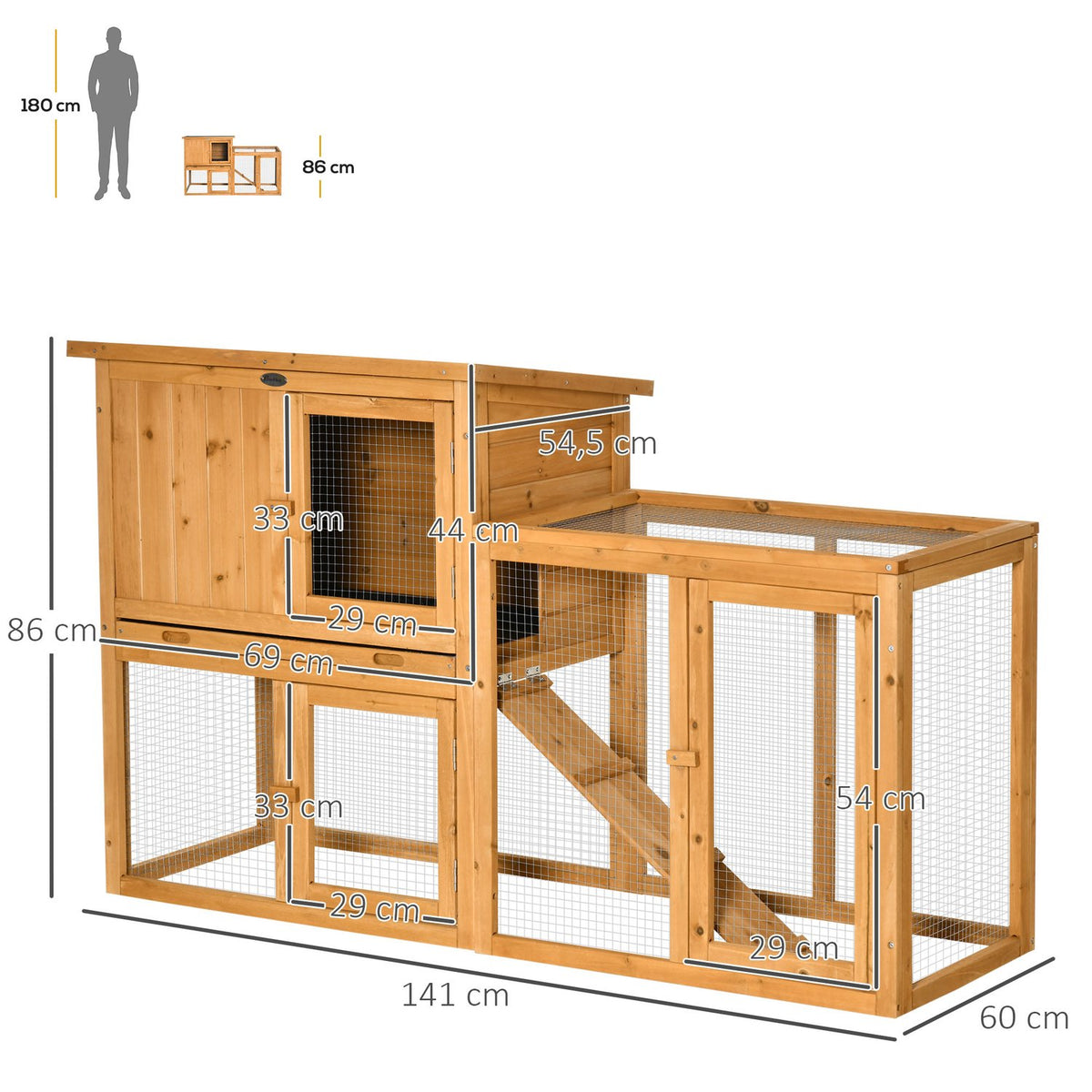 Rabbit Hutch Small Animal Hutch 141 X 60 X 86 Cm With Removable Floor Tray And Ramp Outdoor Indoor Fir Wood Orange
