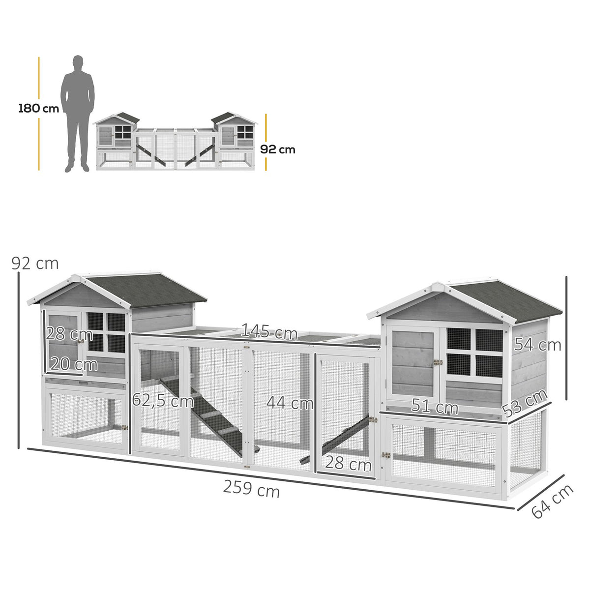 Rabbit Hutch Small Animal Hutch Made Of Wood Rabbit House With Outdoor Enclosure, Ramp, Small Animal House With Floor Tray, Small Animal Cage Gray