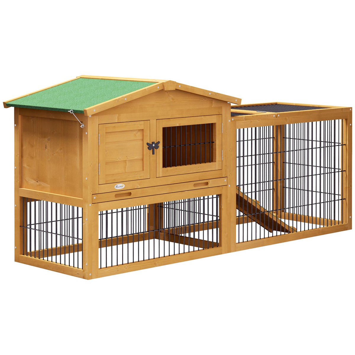 Rabbit hutch, 2 levels, rabbit hutch made of fir wood, winterproof, double-decker house with outdoor enclosure, ramp, 150 x 52 x 68 cm, rabbit cage, outdoor small animal hutch for hares, rabbits, guinea pigs, yellow