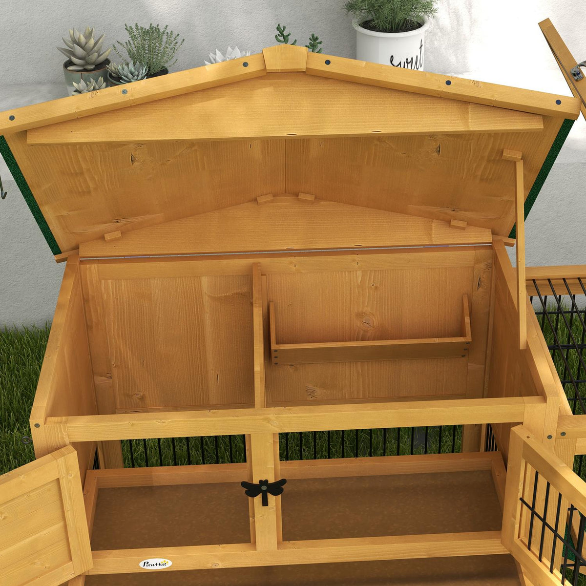 Rabbit hutch, 2 levels, rabbit hutch made of fir wood, winterproof, double-decker house with outdoor enclosure, ramp, 150 x 52 x 68 cm, rabbit cage, outdoor small animal hutch for hares, rabbits, guinea pigs, yellow