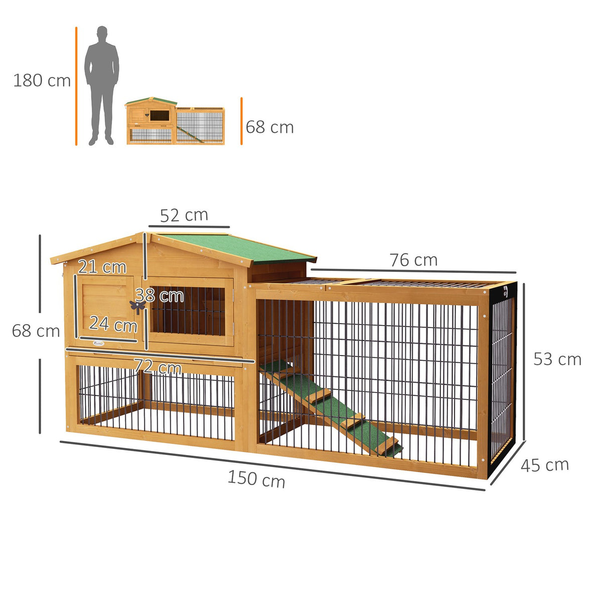 Rabbit hutch, 2 levels, rabbit hutch made of fir wood, winterproof, double-decker house with outdoor enclosure, ramp, 150 x 52 x 68 cm, rabbit cage, outdoor small animal hutch for hares, rabbits, guinea pigs, yellow