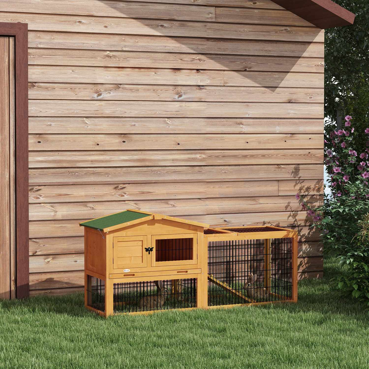 Rabbit hutch, 2 levels, rabbit hutch made of fir wood, winterproof, double-decker house with outdoor enclosure, ramp, 150 x 52 x 68 cm, rabbit cage, outdoor small animal hutch for hares, rabbits, guinea pigs, yellow