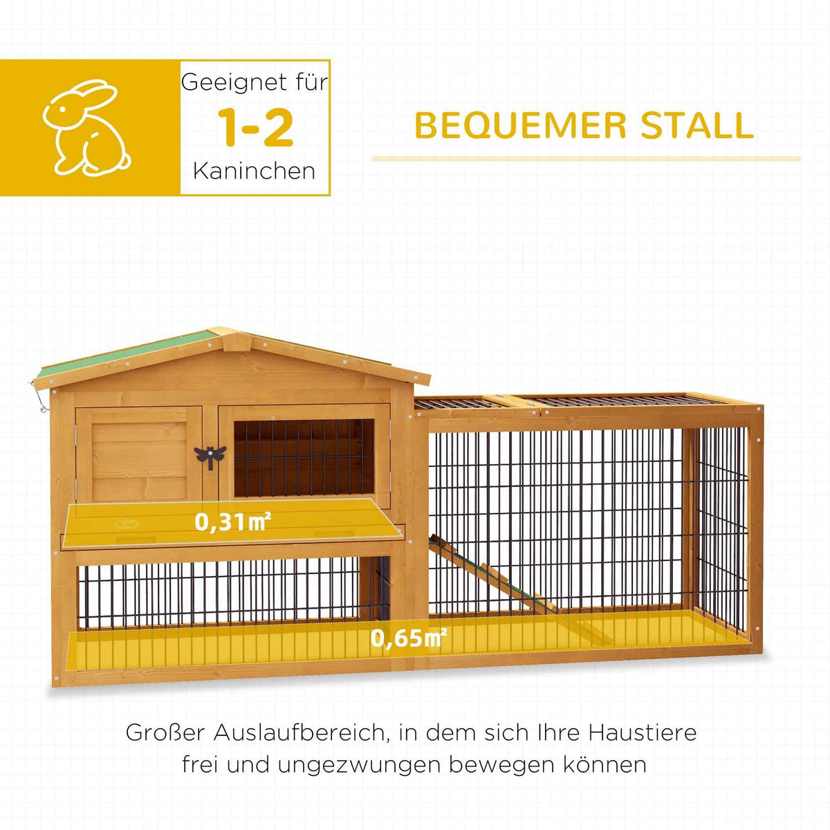 Rabbit hutch, 2 levels, rabbit hutch made of fir wood, winterproof, double-decker house with outdoor enclosure, ramp, 150 x 52 x 68 cm, rabbit cage, outdoor small animal hutch for hares, rabbits, guinea pigs, yellow