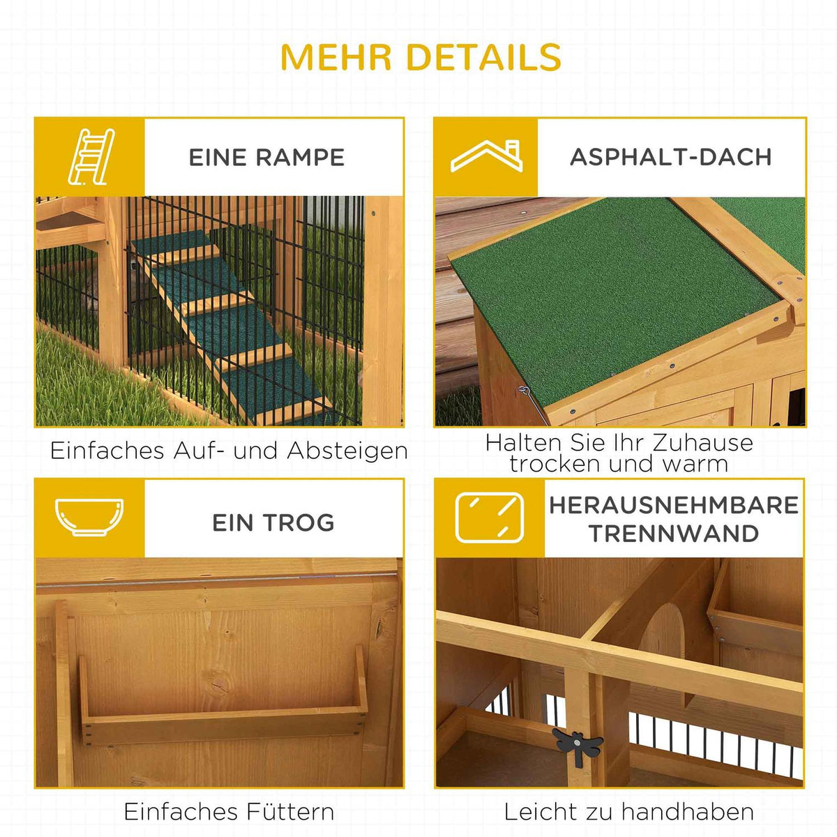 Rabbit hutch, 2 levels, rabbit hutch made of fir wood, winterproof, double-decker house with outdoor enclosure, ramp, 150 x 52 x 68 cm, rabbit cage, outdoor small animal hutch for hares, rabbits, guinea pigs, yellow