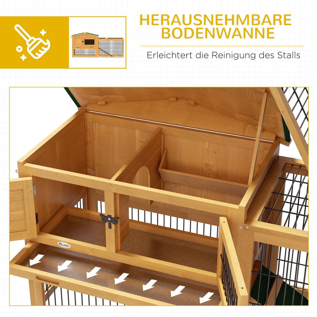 Rabbit hutch, 2 levels, rabbit hutch made of fir wood, winterproof, double-decker house with outdoor enclosure, ramp, 150 x 52 x 68 cm, rabbit cage, outdoor small animal hutch for hares, rabbits, guinea pigs, yellow