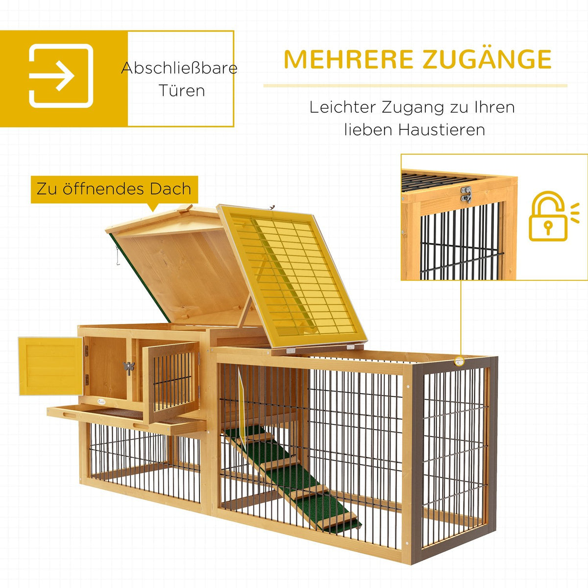 Rabbit hutch, 2 levels, rabbit hutch made of fir wood, winterproof, double-decker house with outdoor enclosure, ramp, 150 x 52 x 68 cm, rabbit cage, outdoor small animal hutch for hares, rabbits, guinea pigs, yellow