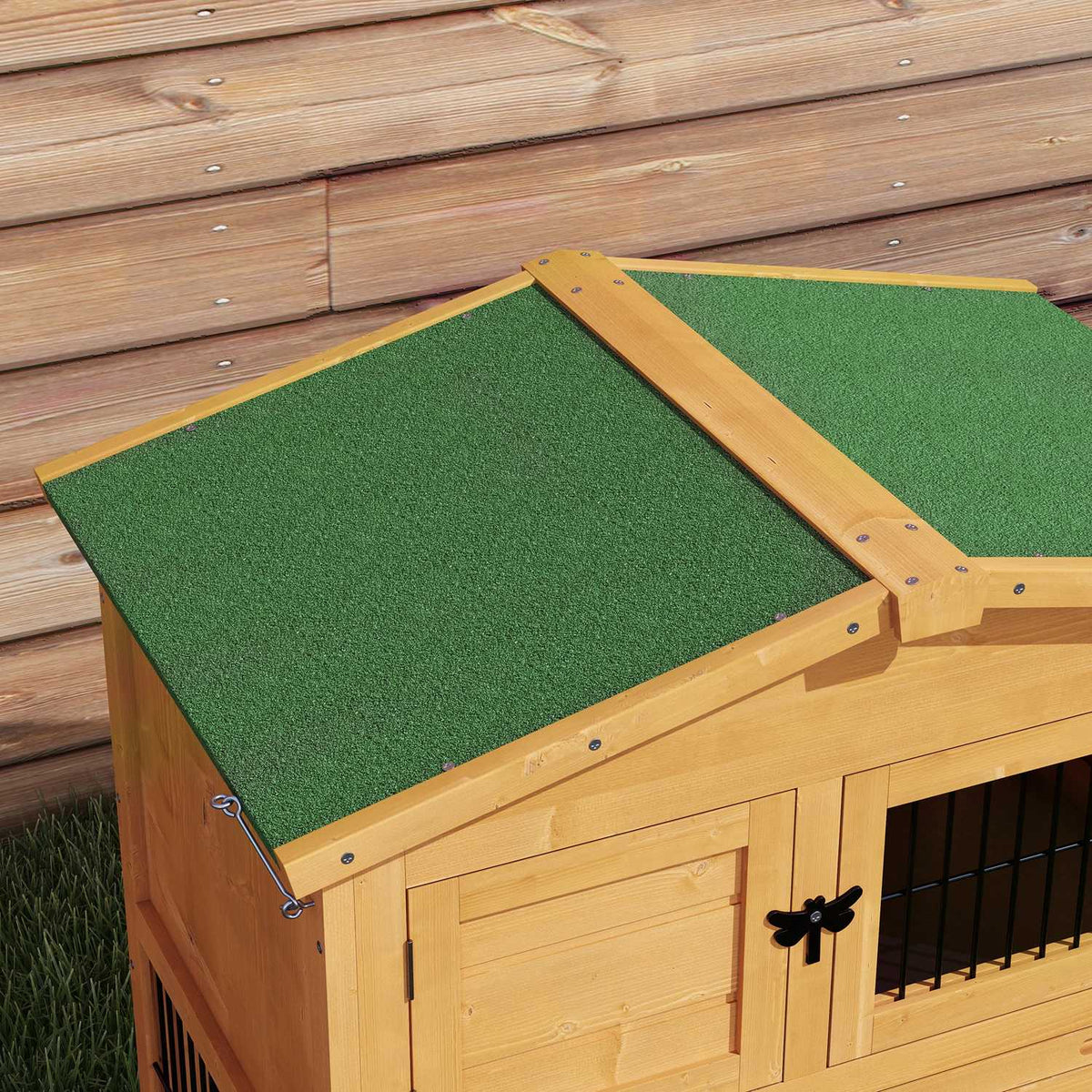 Rabbit hutch, 2 levels, rabbit hutch made of fir wood, winterproof, double-decker house with outdoor enclosure, ramp, 150 x 52 x 68 cm, rabbit cage, outdoor small animal hutch for hares, rabbits, guinea pigs, yellow
