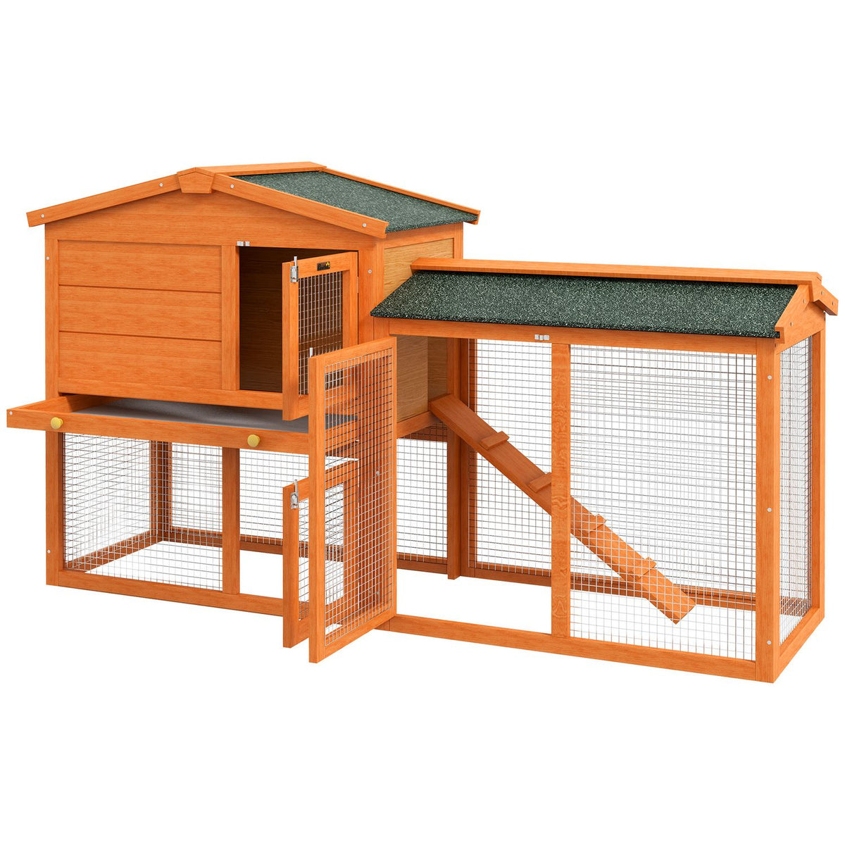 Rabbit hutch 2 levels, rabbit hutch made of fir wood, winterproof, double-decker house with outdoor enclosure, tub, ramp, 150 x 45 x 85 cm, rabbit cage, outdoor small animal hutch for rabbits, guinea pigs, orange