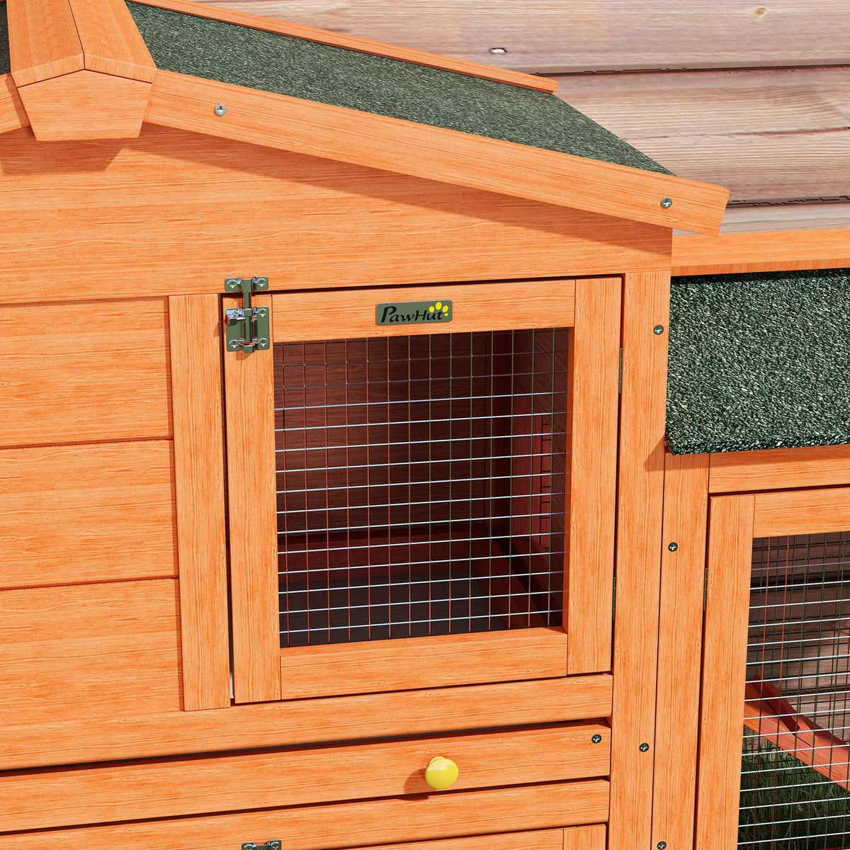 Rabbit hutch 2 levels, rabbit hutch made of fir wood, winterproof, double-decker house with outdoor enclosure, tub, ramp, 150 x 45 x 85 cm, rabbit cage, outdoor small animal hutch for rabbits, guinea pigs, orange