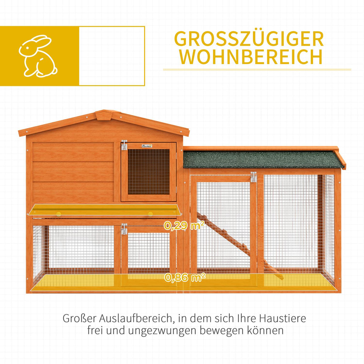 Rabbit hutch 2 levels, rabbit hutch made of fir wood, winterproof, double-decker house with outdoor enclosure, tub, ramp, 150 x 45 x 85 cm, rabbit cage, outdoor small animal hutch for rabbits, guinea pigs, orange